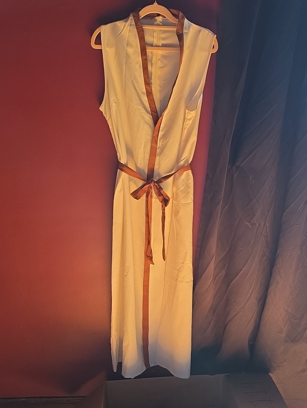 Sleeveless Cream Maxi Dress with Brown Trim and Waist Tie